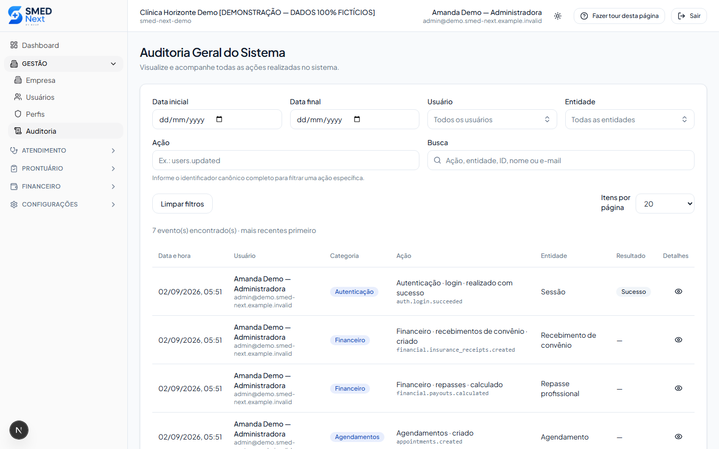 Trilha de auditoria do SMED NEXT