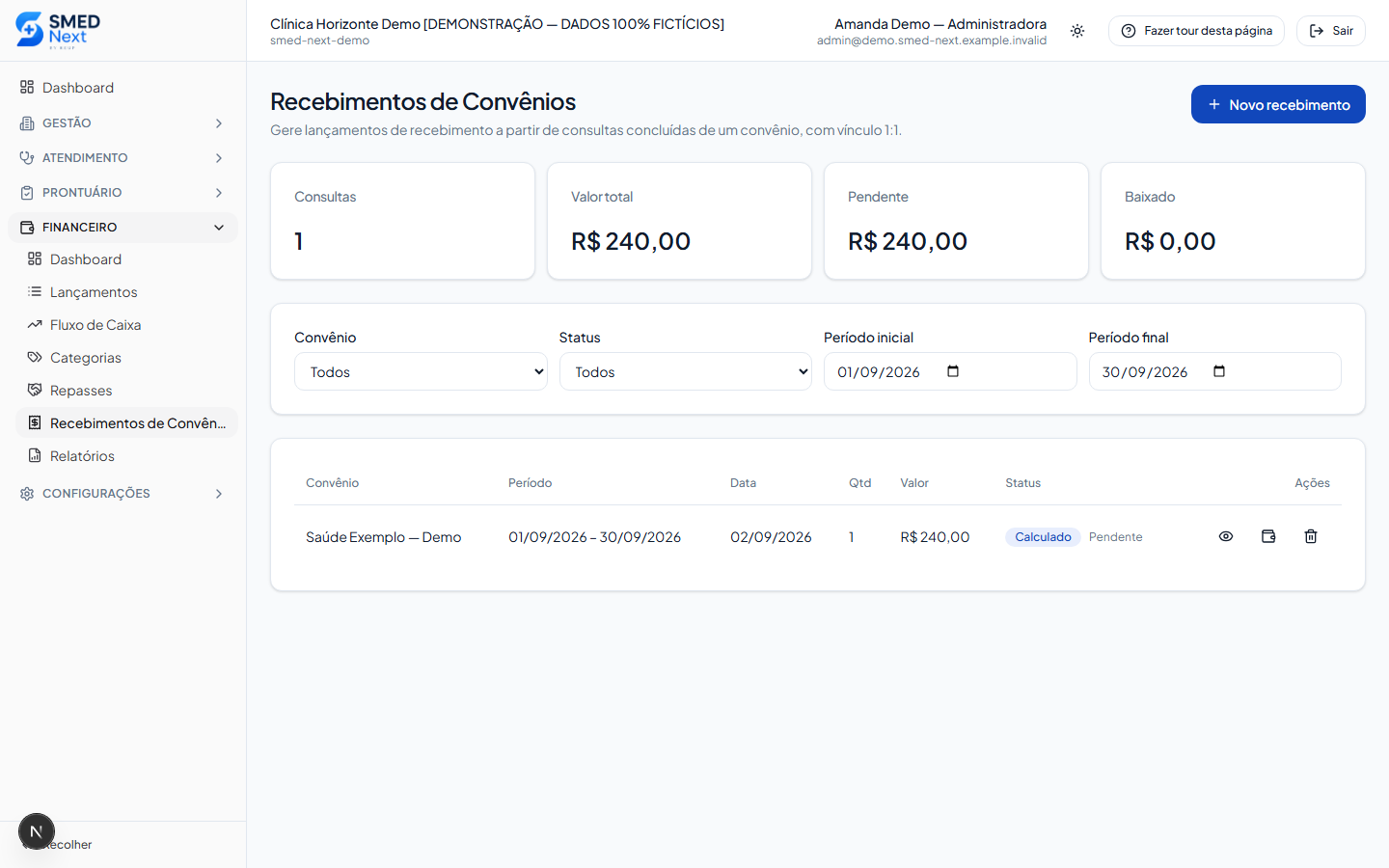 Recebimentos de convênios no SMED NEXT